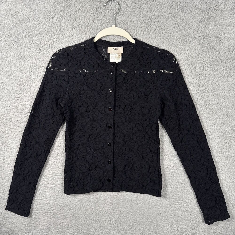 FUZZI Black Lace Cardigan Made in Italy SZ S Rose Floral Pattern